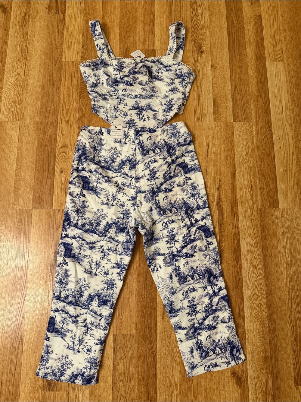 Fashion Nova Blue & White Toile Crop Top & Straight Leg Pants Set